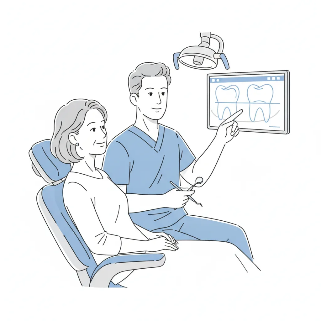 인계동 치과에서 시린 증상의 원인을 충치, 지각과민, 균열로 구분하기 위해 구강검사와 영상을 함께 확인하는 진료 상담 장면.<p style=
